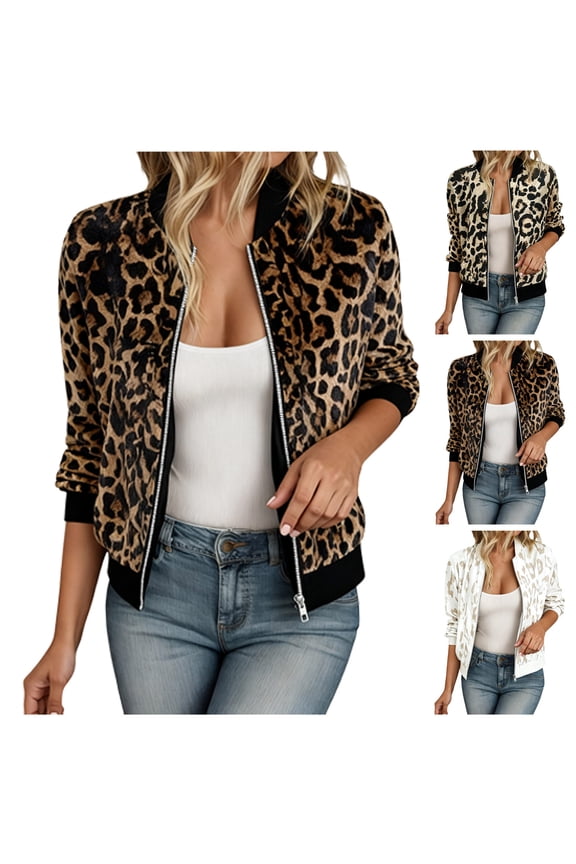 Women's Cheetah Print Zip up Jacket Long Sleeve Casual Lightweight Bomber Jackets Outerwear (White, XXL)
