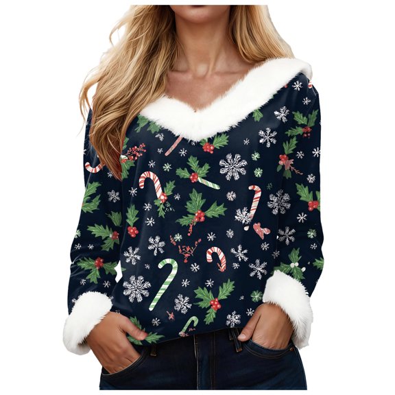 zaveiop Women's Christmas Graphic Print Sweatshirt - Faux Fur Trim V-Neck Long Sleeve Holiday Pullover Sweater (Z2-Navy, XL)