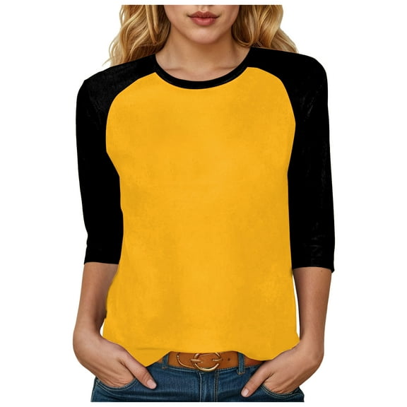 zaveiop Women's Color Block 3/4 Raglan Sleeves T-Shirt Loose Crew Neck Casual Tops Trendy Basic Pullover Casual Outfits 2025 (Yellow, L)