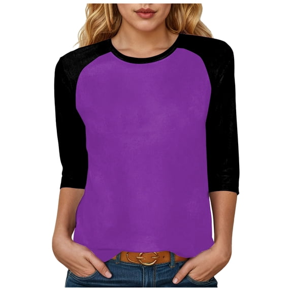 zaveiop Women's Color Block 3/4 Raglan Sleeves T-Shirt Loose Crew Neck Casual Tops Trendy Basic Pullover Casual Outfits 2025 (Z-Purple, XXL)