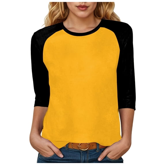 zaveiop Women's Color Block 3/4 Raglan Sleeves T-Shirt Loose Crew Neck Casual Tops Trendy Basic Pullover Casual Outfits 2025 (Z-Yellow, S)