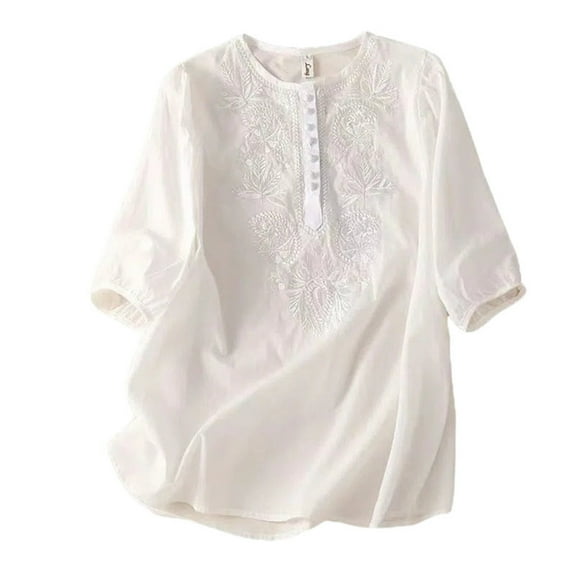 zaveiop Women's Cotton Linen Button Short Sleeve Shirts Summer Loose Crew Neck Casual Boho Top Vintage Embroidered Blouse Tops (Z1-White, M)