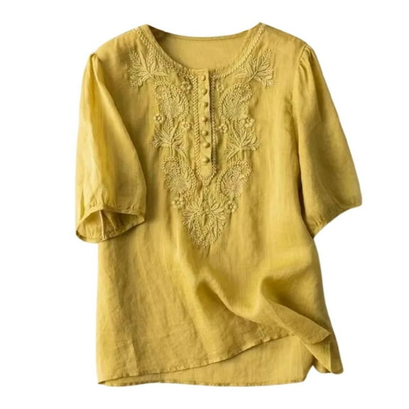 zaveiop Women's Cotton Linen Button Short Sleeve Shirts Summer Loose Crew Neck Casual Boho Top Vintage Embroidered Blouse Tops (Z1-Yellow, M)