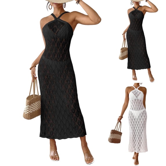 zaveiop Women's Crochet Backless Halter Cover up Dress Self Tied Sheer Knitted Bikini Coverups (Black, M)