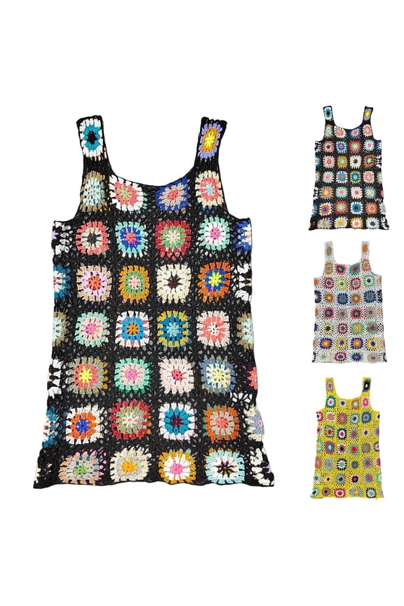 Women's Crochet Beach Cover up with 3D Starfish & Shells, Sleeveless Mini Dress for Pool, Resort Vacation (Black, One Size)