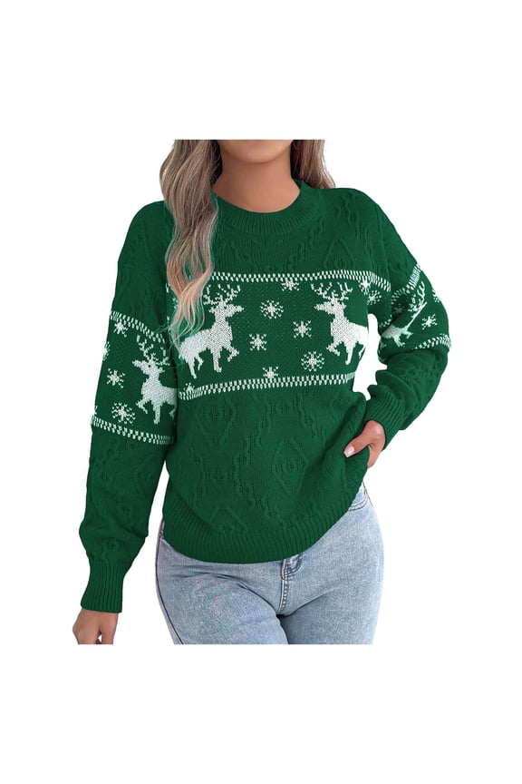 Women's Cute Reindeer Sweater Crew Neck Long Sleeve Pullover Christmas Sweaters for Women (Z2-Green, M)
