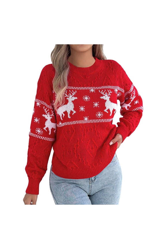 Women's Cute Reindeer Sweater Crew Neck Long Sleeve Pullover Christmas Sweaters for Women (Z2-Red, S)