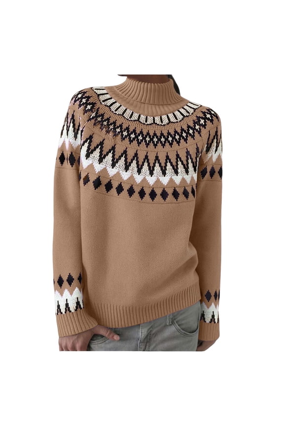 Women's Fair Isle Sweater Casual Crewneck Long Sleeve Lightweight Vintage Knit Jumper Tops (Brown, XL)