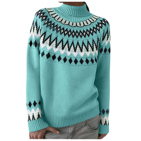 zaveiop Women's Fair Isle Sweater Casual Crewneck Long Sleeve Lightweight Vintage Knit Jumper Tops (Z4-Light Blue, XXL)