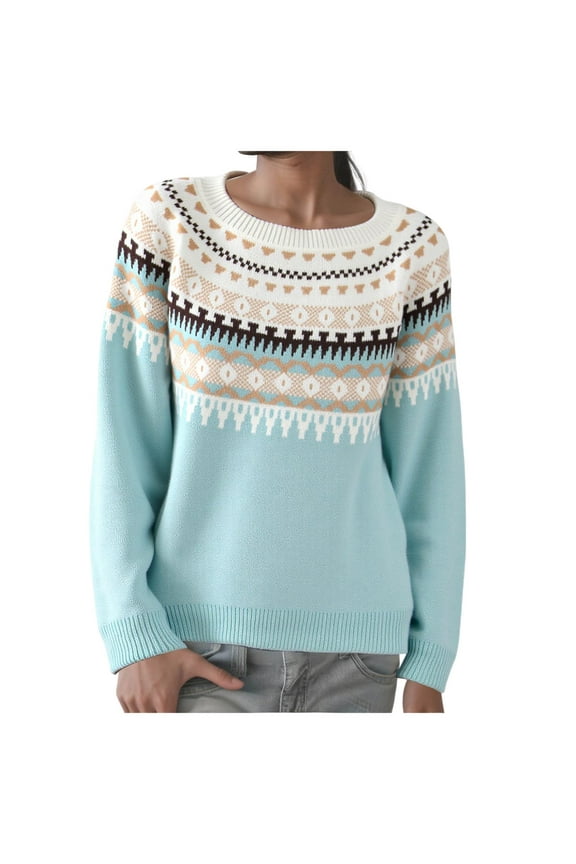 Women's Fair Isle Sweater Casual Vintage Crew Neck Knitted Sweater Cute Graphic Fall Fashion Pullover Jumper Tops (Sky Blue, M)