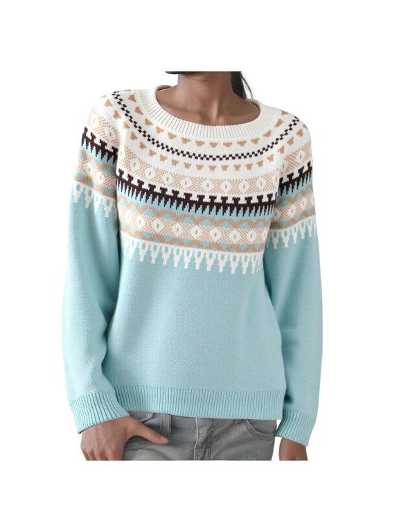 Women's Fair Isle Sweater Casual Vintage Crew Neck Knitted Sweater Cute Graphic Fall Fashion Pullover Jumper Tops (Sky Blue, XL)