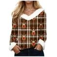 thumbnail image 1 of zaveiop Women's Faux Fur Trim V Neck Christmas Sweatshirts Dressy Casual Pullover Patchwork Graphic Tops Long Sleeve Xmas Blouse (Z-Brown, XL), 1 of 8