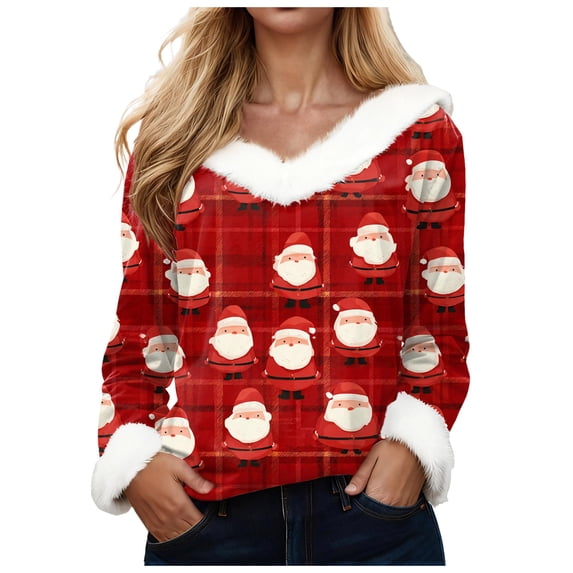zaveiop Women's Faux Fur Trim V Neck Christmas Sweatshirts Dressy Casual Pullover Patchwork Graphic Tops Long Sleeve Xmas Blouse (Z6-Red, M)