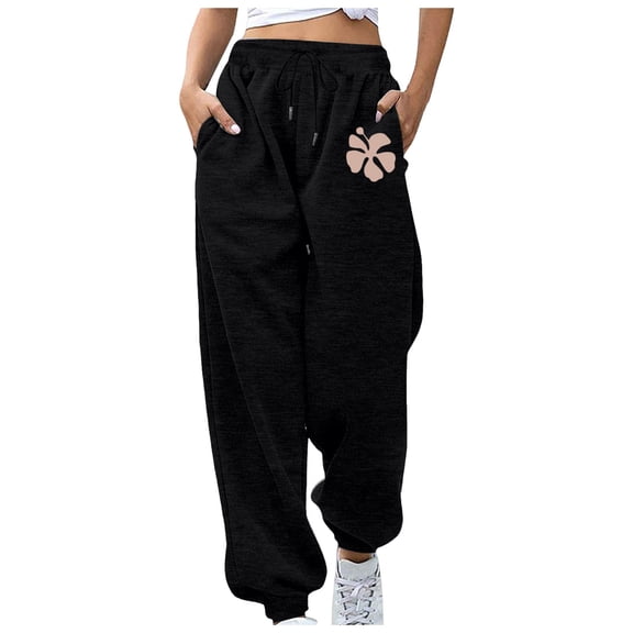 zaveiop Women's Graphic Print Elastic High Waist Sweatpants Long Pants (Z2-Black, L)