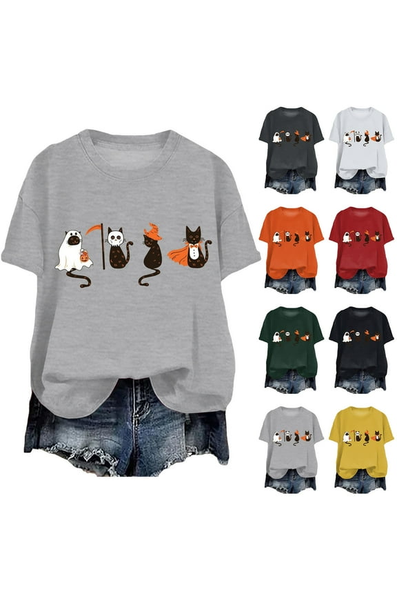 Women's Halloween Graphic T-Shirt with Adorable Cat & Ghost Prints Short Sleeve Casual Tees for Festival (Red, XXL)