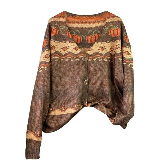 zaveiop Women's Halloween Oversized Cute Floral Printed Button Down Open Front Cardigan Fall Casual Long Sleeve Cropped Jacket (A-Coffee, XL)