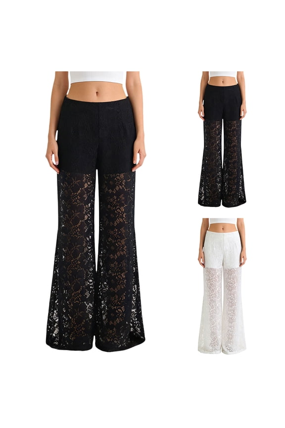 Women's Lace Bell Bottom Pants Mesh Flare Leg High Waisted Sheer Sexy Goth Leggings Trousers (Black, L)