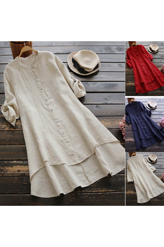 Women's Linen Shirts Button Long Sleeve Shirts Button Down Blouse Plus Sizes Tunic High Low Tops (Beige, L)