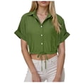 thumbnail image 1 of zaveiop Women's Linen Shirts Y2k Short Sleeve Button Blouses Cinched-Hem Collared Crop Top Tunics (Z-Army Green, 5XL), 1 of 6