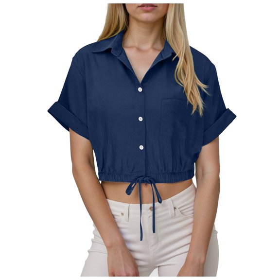 zaveiop Women's Linen Shirts Y2k Short Sleeve Button Blouses Cinched-Hem Collared Crop Top Tunics (Z-Navy, S)