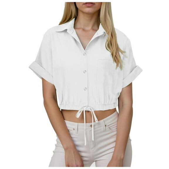 zaveiop Women's Linen Shirts Y2k Short Sleeve Button Blouses Cinched-Hem Collared Crop Top Tunics (Z-White, XL)