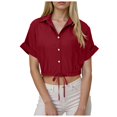 thumbnail image 1 of zaveiop Women's Linen Shirts Y2k Short Sleeve Button Blouses Cinched-Hem Collared Crop Top Tunics (Z-Wine, S), 1 of 6