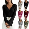 thumbnail image 1 of zaveiop Women's Long Sleeve Bodysuit Tops Wrap V Neck Ribbed Knit Jumpsuit (Black, L), 1 of 9