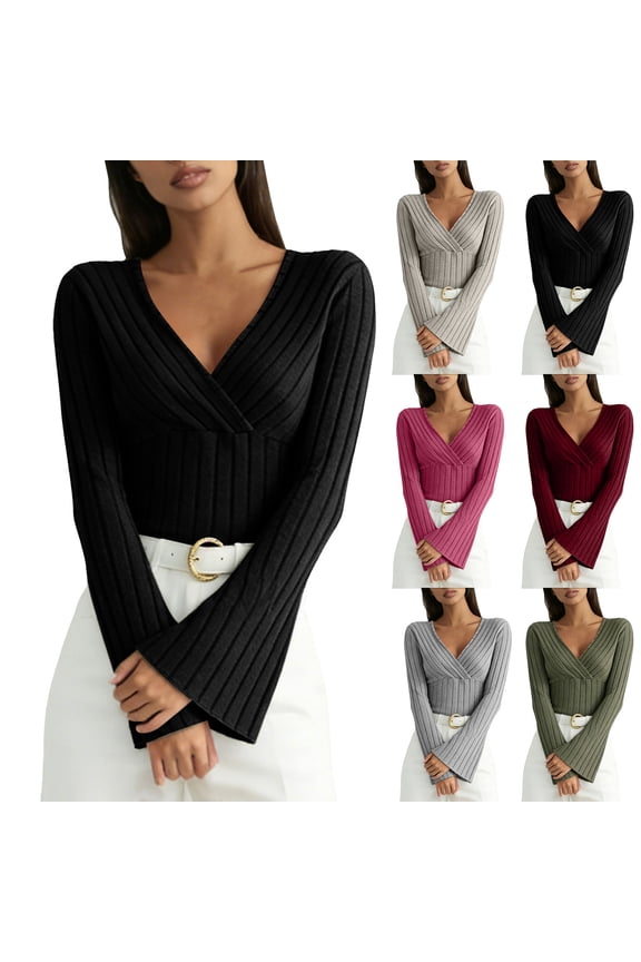 Women's Long Sleeve Bodysuit Tops Wrap V Neck Ribbed Knit Jumpsuit (Black, L)