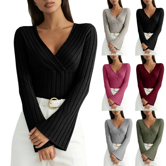 zaveiop Women's Long Sleeve Bodysuit Tops Wrap V Neck Ribbed Knit Jumpsuit (Wine, XS)