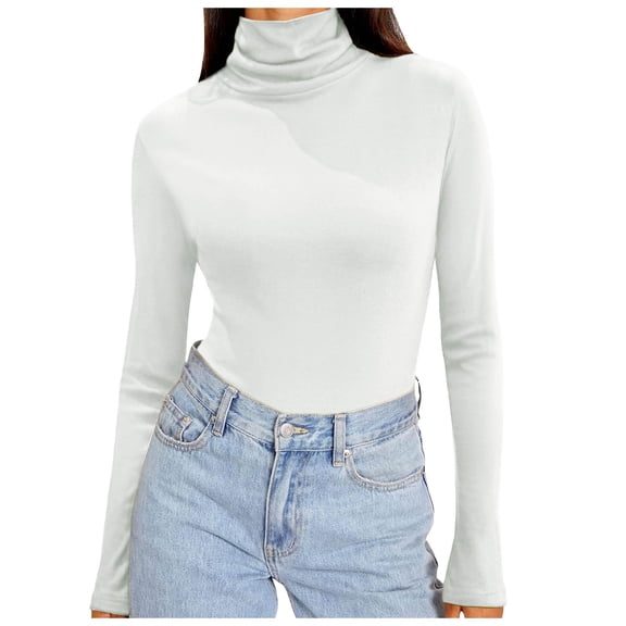 zaveiop Women's Long Sleeve Casual Lightweight Turtleneck Top Slim Fit Thermal Active Layer Shirts (Z-White, M)
