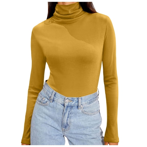zaveiop Women's Long Sleeve Casual Lightweight Turtleneck Top Slim Fit Thermal Active Layer Shirts (Z-Yellow, M)