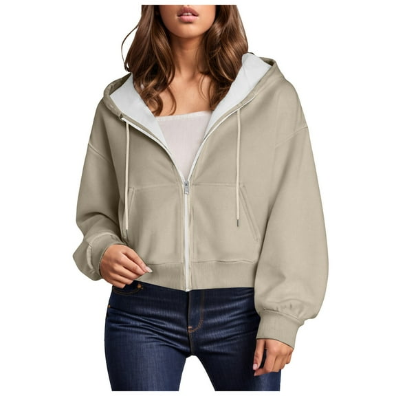 zaveiop Women's Long Sleeve Drawstring Full Zip Hooded Jacket Crop Sweatshirt (Z-Beige, M)