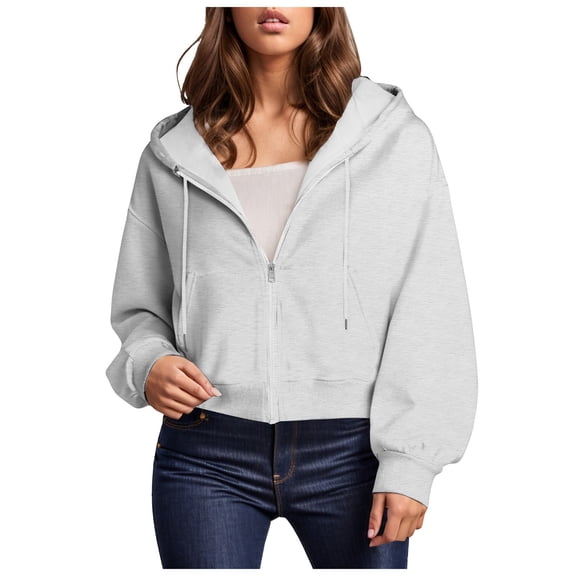 zaveiop Women's Long Sleeve Drawstring Full Zip Hooded Jacket Crop Sweatshirt (Z-Grey, S)