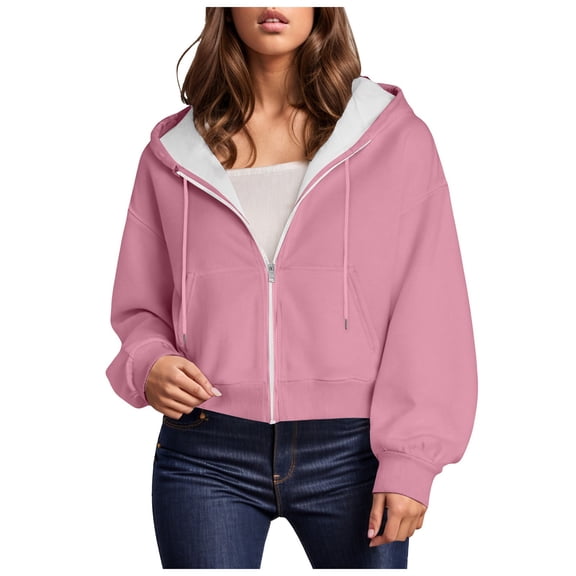 zaveiop Women's Long Sleeve Drawstring Full Zip Hooded Jacket Crop Sweatshirt (Z-Pink, L)