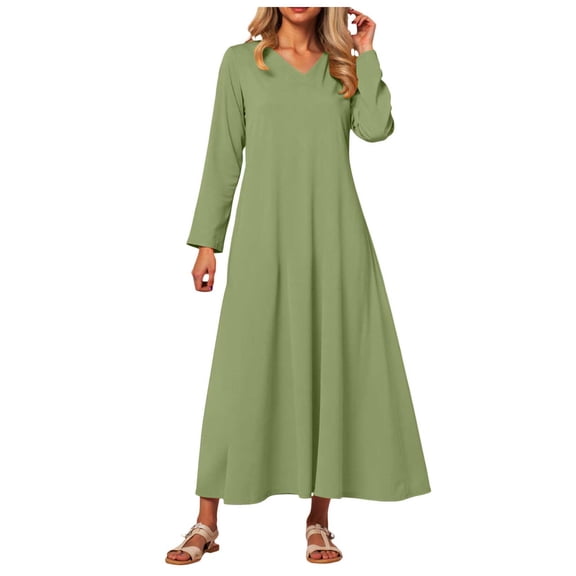 zaveiop Women's Long Sleeve V-Neck Loose Plain Maxi Dresses Casual Long Dresses with Pockets (Light Green, XL)