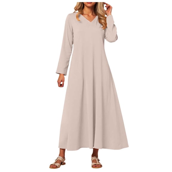 zaveiop Women's Long Sleeve V-Neck Loose Plain Maxi Dresses Casual Long Dresses with Pockets (Light Pink, S)