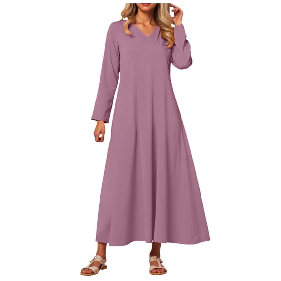 zaveiop Women's Long Sleeve V-Neck Loose Plain Maxi Dresses Casual Long Dresses with Pockets (Purple, XXL)