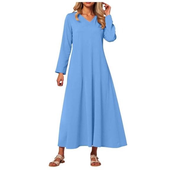 zaveiop Women's Long Sleeve V-Neck Loose Plain Maxi Dresses Casual Long Dresses with Pockets (Sky Blue, XXL)