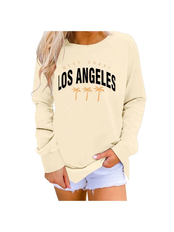 Women's Los Angeles West Coast Graphic Sweatshirts Oversized Long Sleeve Sweatshirt Pullover Tops (Z-Beige, XXL)