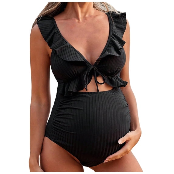 zaveiop Women's Maternity Solid Hollow out Ruffle Trim Tie One Piece Swimsuit Y2K Cut Out Bathing Suits Swimwear (Black, L)