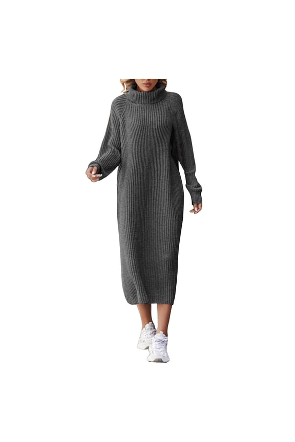 Women's Merino Wool Blend Sweater Dress Fashion 2025 Fall Winter Sexy Collar Fur Dress Long Sleeve Ribbed Knit Dress (Dark Gray, S)