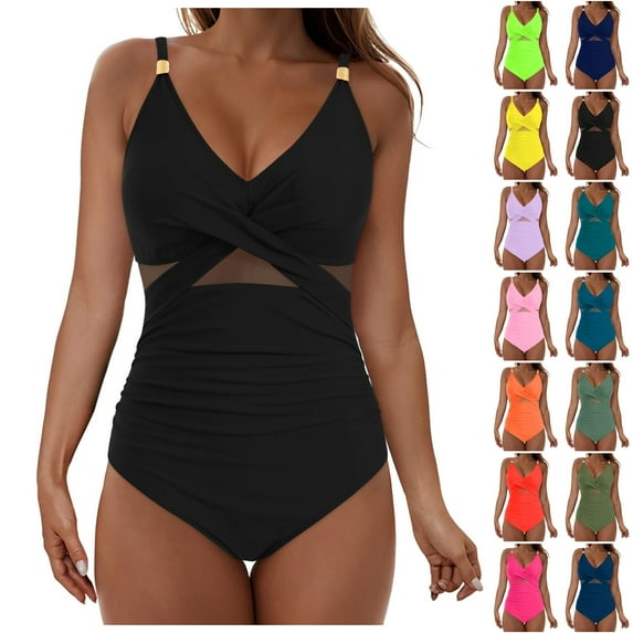 zaveiop Women's Mesh One Piece Swimsuits Tummy Control V Neck Bathing Suit Sexy Push up Swim Suit Slimming Swimwear (Army Green, M)
