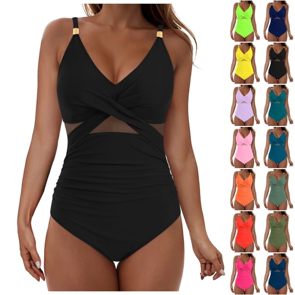 zaveiop Women's Mesh One Piece Swimsuits Tummy Control V Neck Bathing Suit Sexy Push up Swim Suit Slimming Swimwear (Dark Green, M)