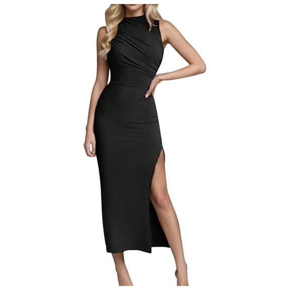 zaveiop Women's Mock Neck Ruched Bodycon Dress Sleeveless Side Slit Cocktail Party Midi Dresses (A-Black, S)
