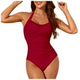 thumbnail image 1 of zaveiop Women's One Piece Bathing Suit Halter Neck Swimsuit Ruched Tummy Control Swimwear (Red, S), 1 of 6