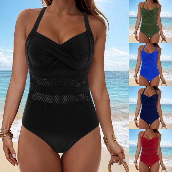 zaveiop Women's One Piece Swimsuit Bathing Suit V Neck Adjustable Straps Ruched Mesh Back Hook (Red, M)