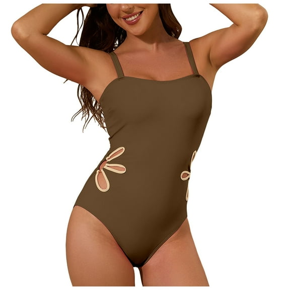 zaveiop Women's One Piece Swimsuits Adjustable Spaghetti Straps Floral Cutout Bathing Suits Beach Summer Swim Outfits (Coffee, M)