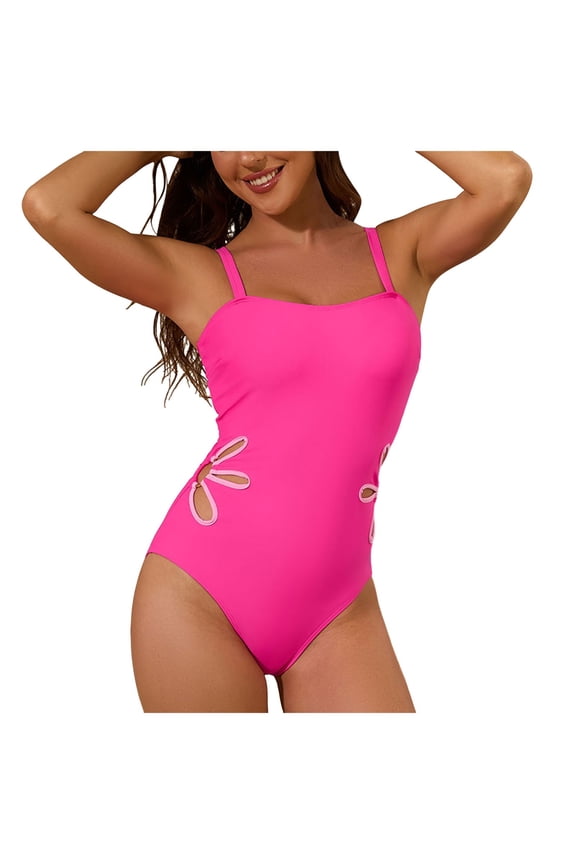 Women's One Piece Swimsuits Adjustable Spaghetti Straps Floral Cutout Bathing Suits Beach Summer Swim Outfits (Red, S)