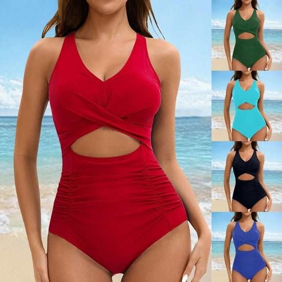 zaveiop Women's One Piece Swimsuits Tummy Control Cutout High Waisted Bathing Suit Wrap Tie Back 1 Piece Swimsuit (Pink, M)
