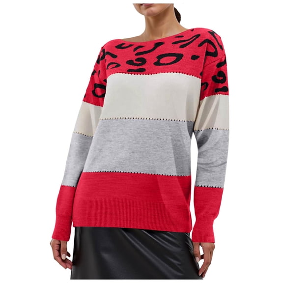 zaveiop Women's Oversized Cute Color Block Leopard Sweater Spring 2025 Causal Cozy Ribbed Knit Crewneck Pullover Top (Z1-Red, 3XL)